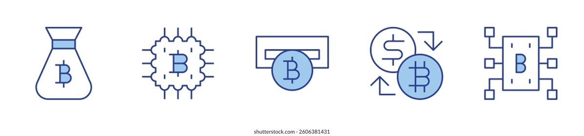 money bag, program, atm machine, exchange, blockchain. Bitcoin Icon vector illustration. Line Duotone style. Editable stroke.
