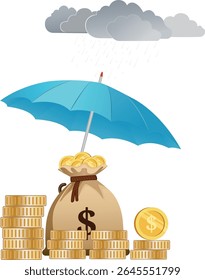 Money bag protected by umbrella from rain clouds. Concept of financial safety, investment protection, wealth insurance, economic risk, and personal finance management.