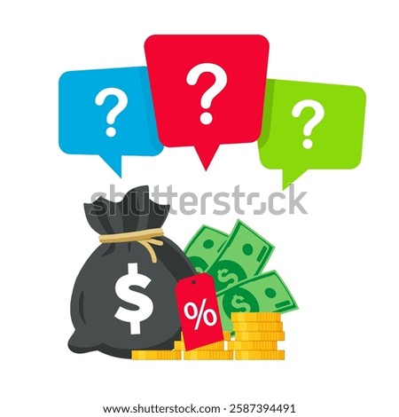 Money Bag with question mark and percent sign. Vector for questions and answers about finance, loan and tax.