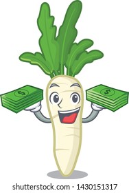 With money bag radish white in a cartoon basket