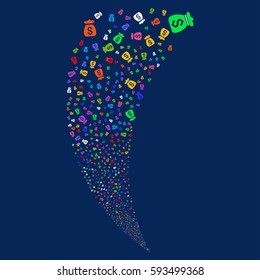 Money Bag random fireworks stream. Vector illustration style is flat bright multicolored iconic symbols on a blue background. Object fountain made from scattered pictograms.