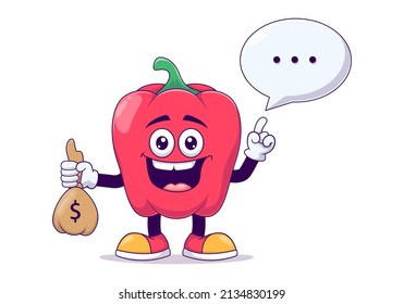 With Money Bag Red Bell Pepper Cartoon Mascot Character Vector Illustration Design