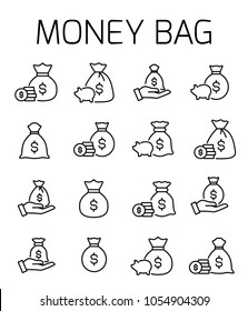 Money bag related vector icon set. Well-crafted sign in thin line style with editable stroke. Vector symbols isolated on a white background. Simple pictograms.