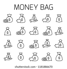 Money bag related vector icon set. Well-crafted sign in thin line style with editable stroke. Vector symbols isolated on a white background. Simple pictograms.