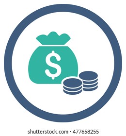 Money Bag rounded icon. Vector illustration style is flat iconic bicolor symbol, cobalt and cyan colors, white background.