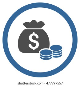 Money Bag rounded icon. Vector illustration style is flat iconic bicolor symbol, cobalt and gray colors, white background.