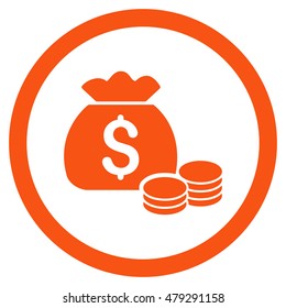 Money Bag rounded icon. Vector illustration style is flat iconic symbol, orange color, white background.