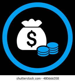 Money Bag rounded icon. Vector illustration style is flat iconic bicolor symbol, blue and white colors, black background.