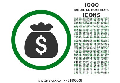 Money Bag rounded vector bicolor icon with 1000 medical business icons. Set style is flat pictograms, green and gray colors, white background.