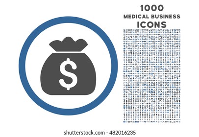 Money Bag rounded vector bicolor icon with 1000 medical business icons. Set style is flat pictograms, cobalt and gray colors, white background.