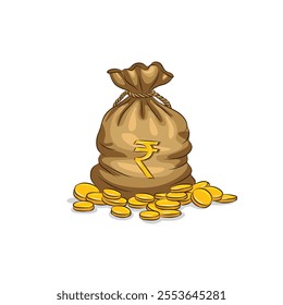 Money Bag or Rupee sack with gold coins. Isolated object on white background. Vector illustration. 