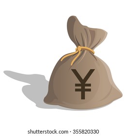 Money bag or sack cartoon style icon with Yen sign isolated on white background. Japan Currency symbol. Vector illustration