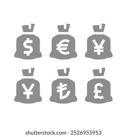 Money bag or sack with dollar, euro and pound symbol. Yen, yuan and lira moneybag vector icon set.