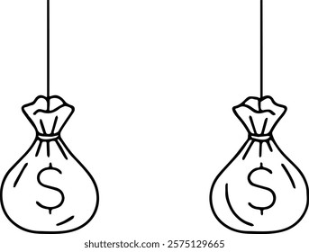 money bag, money sack, dollar, dollar sign, cartoon, illustration, black and white, simple, financial, savings, budgeting, investment, wealth, cute, kids, education, finance, hanging, line dra