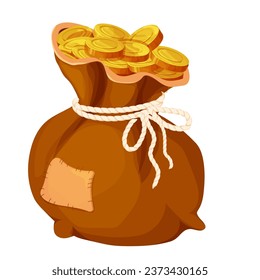 Money bag, sack with golden coins in cartoon style isolated on white. Game element asset success, trophy. 