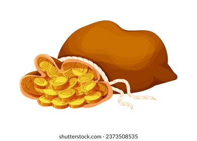 Money bag, sack with golden coins in cartoon style isolated on white. Game element asset success, trophy. 