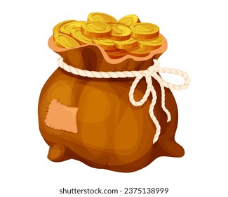 Money bag, sack with golden coins in cartoon style isolated on white. Game element asset success, trophy. 