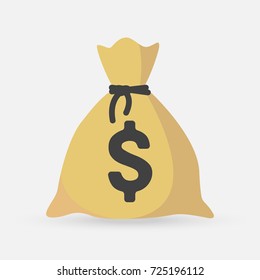 Money bag or sack vector icon simple cartoon illustration with black drawstring and dollar sign isolated in flat style. Symbol of wealth and prosperity.  Bank, finance and economic sign.