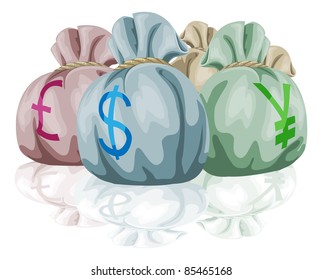 Money bag sacks containing different world currencies. Pound, dollar and yen symbols showing.
