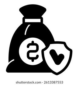 Money bag with safety shield solid icon, financial advice concept. Vector graphics. Packet with dollar coin and checked emblem sign on background,  glyph style for mobile or web