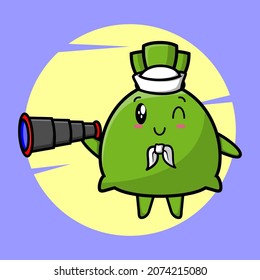 Money bag sailor mascot cartoon with hat and using binocular cute style design for t-shirt, sticker, logo element