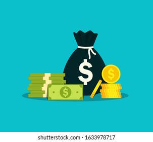 Money bag for salary. Moneybag with million cash in flat style. Sack of euro for investment in business. Debt concept. Bagful, stack dollar, pound for work on isolated background. vector illustration