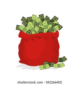 Money bag Santa Claus. Big Red festive sack filled with dollars. Many cash in sackful. Illustration for new year and Christmas.
