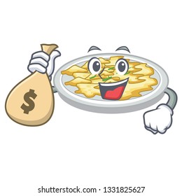 With money bag scrambled egg put above cartoon plate