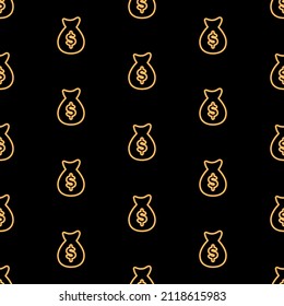money bag seamless pattern, bright vector illustration on black background.