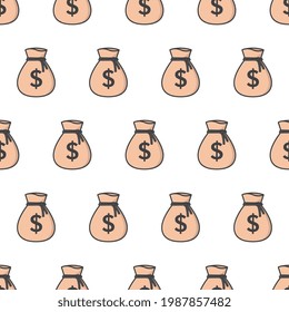 Money Bag Seamless Pattern On A White Background. Bags Of Money Theme Vector Illustration