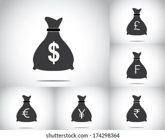 money bag set collection with different currencies - american dollar, british sterling pound, swiss francs, euro, japanese yen and indian rupees - concept design vector illustration art