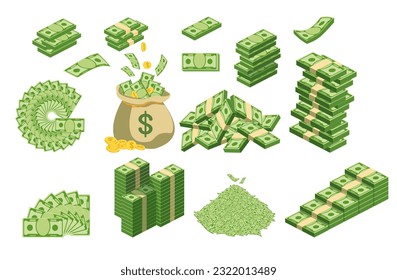 Money bag with money set. Dollar coins and banknotes. Banking, finance and wealth icon. Vector illustration iIsolated on white.