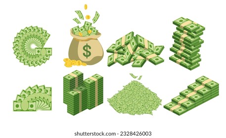 Money bag with money set. Dollar coins and banknotes. Banking, finance and wealth icon. Vector illustration iIsolated on white.