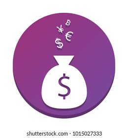 Money bag sign with currency symbols. Vector. White icon with flat shadow on purpureus circle at white background. Isolated.