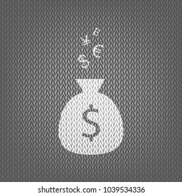 Money bag sign with currency symbols. Vector. White knitted icon on gray knitted background. Isolated.