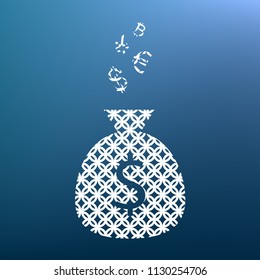 Money bag sign with currency symbols. Vector. White textured icon at lapis lazuli gradient background.