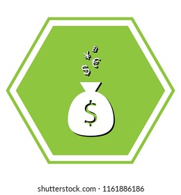 Money bag sign with currency symbols. Vector. White icon with black shadow at yellow green honeycomb on white background.