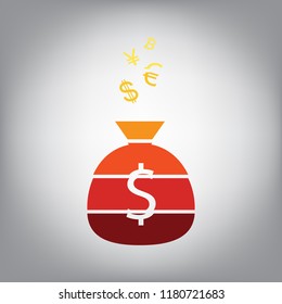 Money bag sign with currency symbols. Vector. Horizontally sliced icon with colors from sunny gradient in gray background.