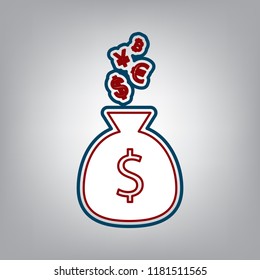 Money bag sign with currency symbols. Vector. Dark red, transparent and midnight green stroke of white icon at grayish background.