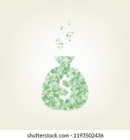 Money bag sign with currency symbols. Vector. Green hexagon rastered icon and noised opacity and size at light green background with central light.