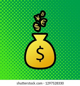 Money bag sign with currency symbols. Vector. Pop art orange to yellow dots-gradient icon with black contour at greenish background.