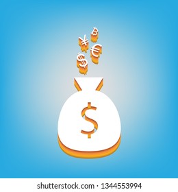 Money bag sign with currency symbols. Vector. White icon with 3d warm-colored gradient body at sky blue background.