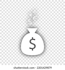 Money bag sign with currency symbols. White Icon with dropped natural gray Shadow at transparent Background. Illustration.