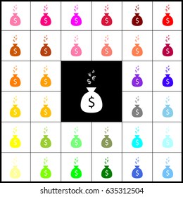Money bag sign with currency symbols. Vector. Felt-pen 33 colorful icons at white and black backgrounds. Colorfull.