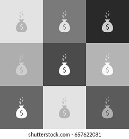 Money bag sign with currency symbols. Vector. Grayscale version of Popart-style icon.