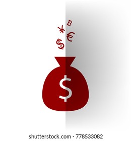 Money bag sign with currency symbols. Vector. Bordo icon on white bending paper background.