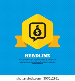 Money bag sign icon. Dollar USD currency speech bubble symbol. Yellow label tag. Circles seamless pattern on back. Vector