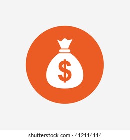 Money Bag Sign Icon. Dollar USD Currency Symbol. Orange Circle Button With Icon. Vector