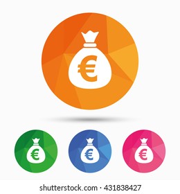 Money bag sign icon. Euro EUR currency symbol. Triangular low poly button with flat icon. Vector
