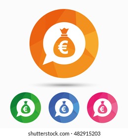 Money bag sign icon. Euro EUR currency speech bubble symbol. Triangular low poly button with flat icon. Vector